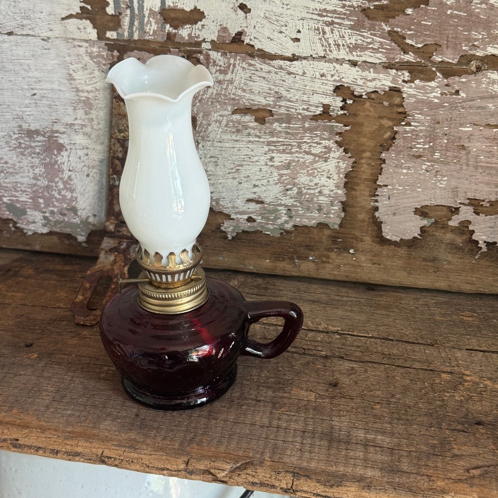 Vintage Ruby Red Glass Miniature Finger Oil Lamp with White Milk Glass Chimney